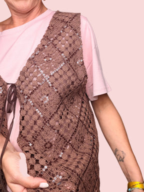 Gilet Crochet Tulle e Paillettes Tabacco