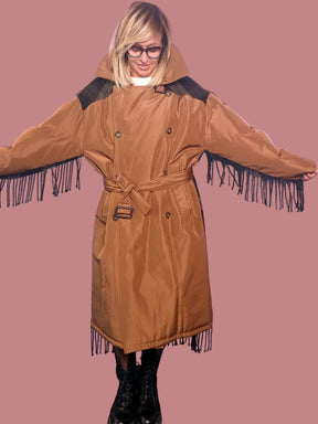 Trench imbottito con retro a quadri e frange