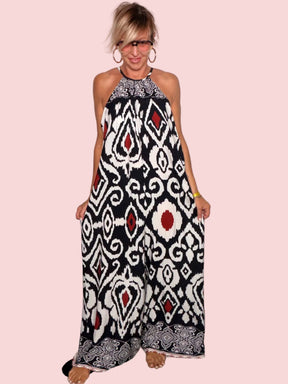 Tuta Palazzo Stampa Ikat — Nero/Bianco/Bordeaux