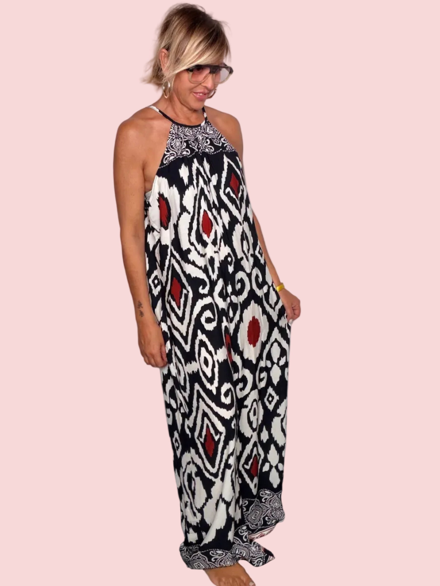 Tuta Palazzo Stampa Ikat — Nero/Bianco/Bordeaux