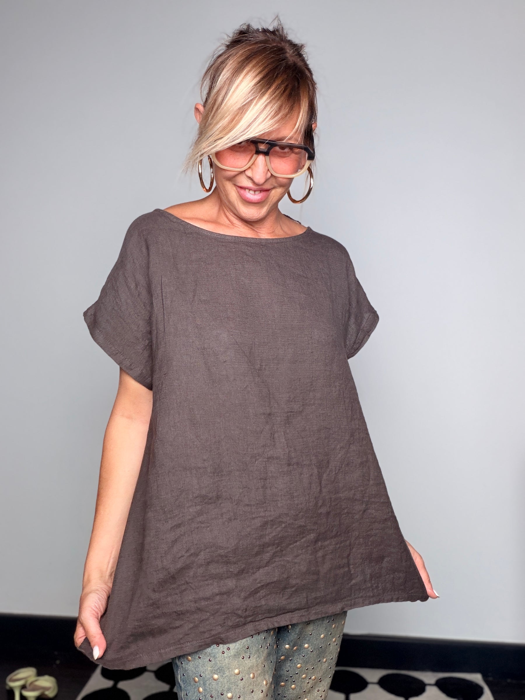Camicia a cubetto in lino Rosso