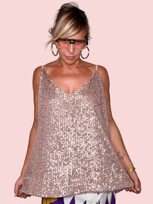 Top Paillettes Trapezio — Rosa Cipria / Marrone Cioccolato