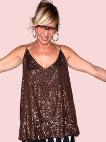 Top Paillettes Trapezio — Rosa Cipria / Marrone Cioccolato