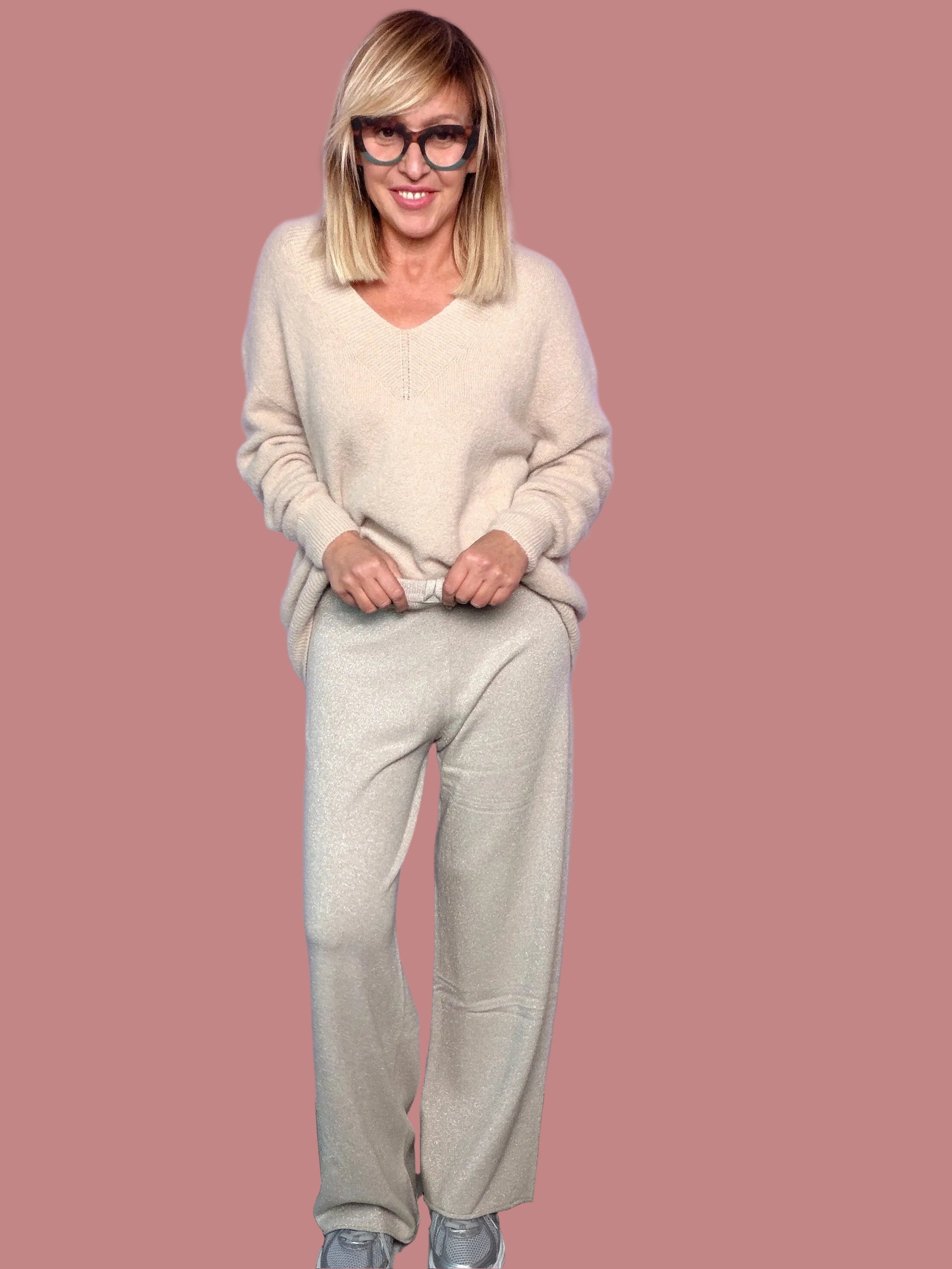 Pantalone in maglina lurex a gamba larga con coulisse