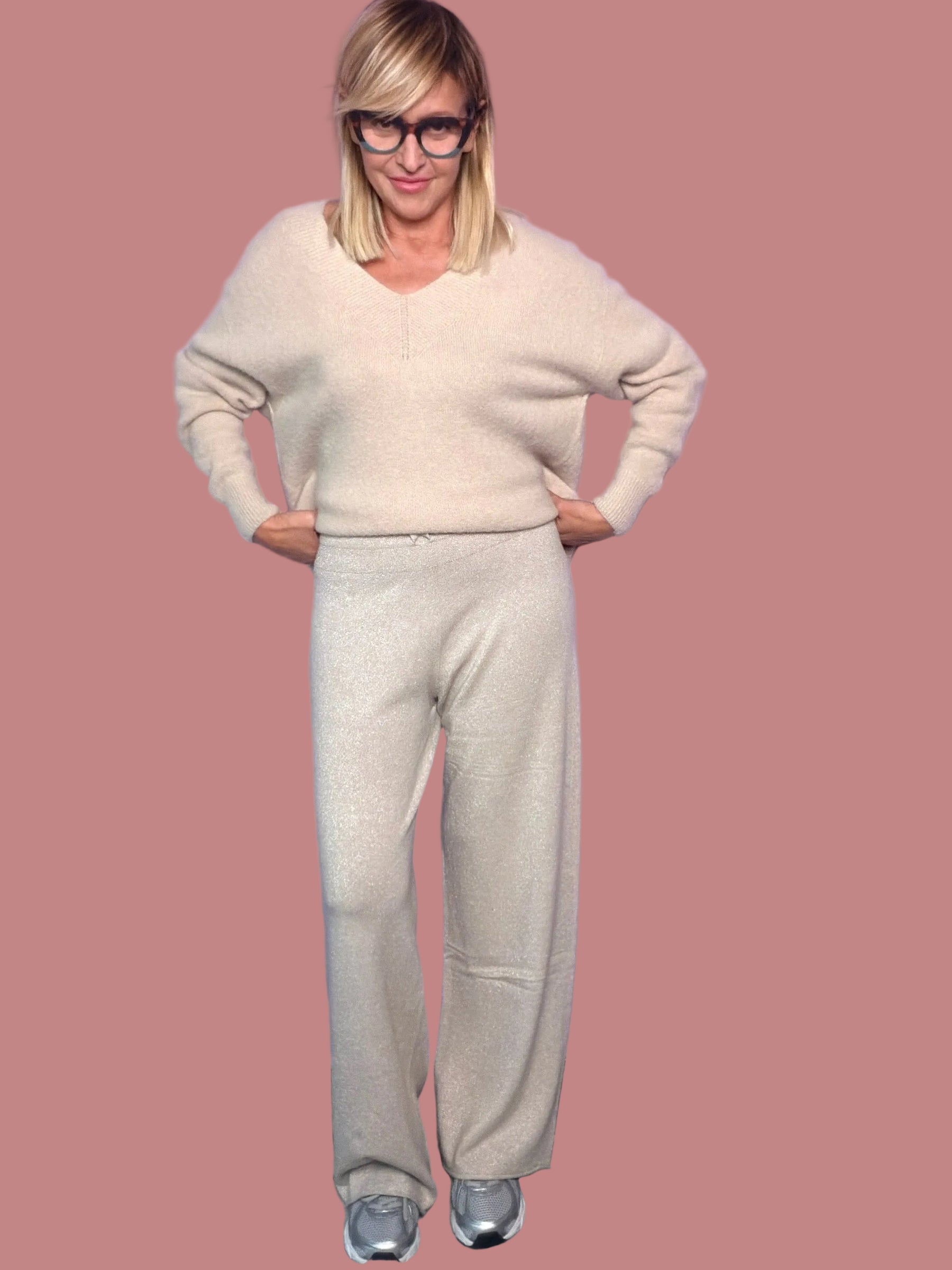 Pantalone in maglina lurex a gamba larga con coulisse