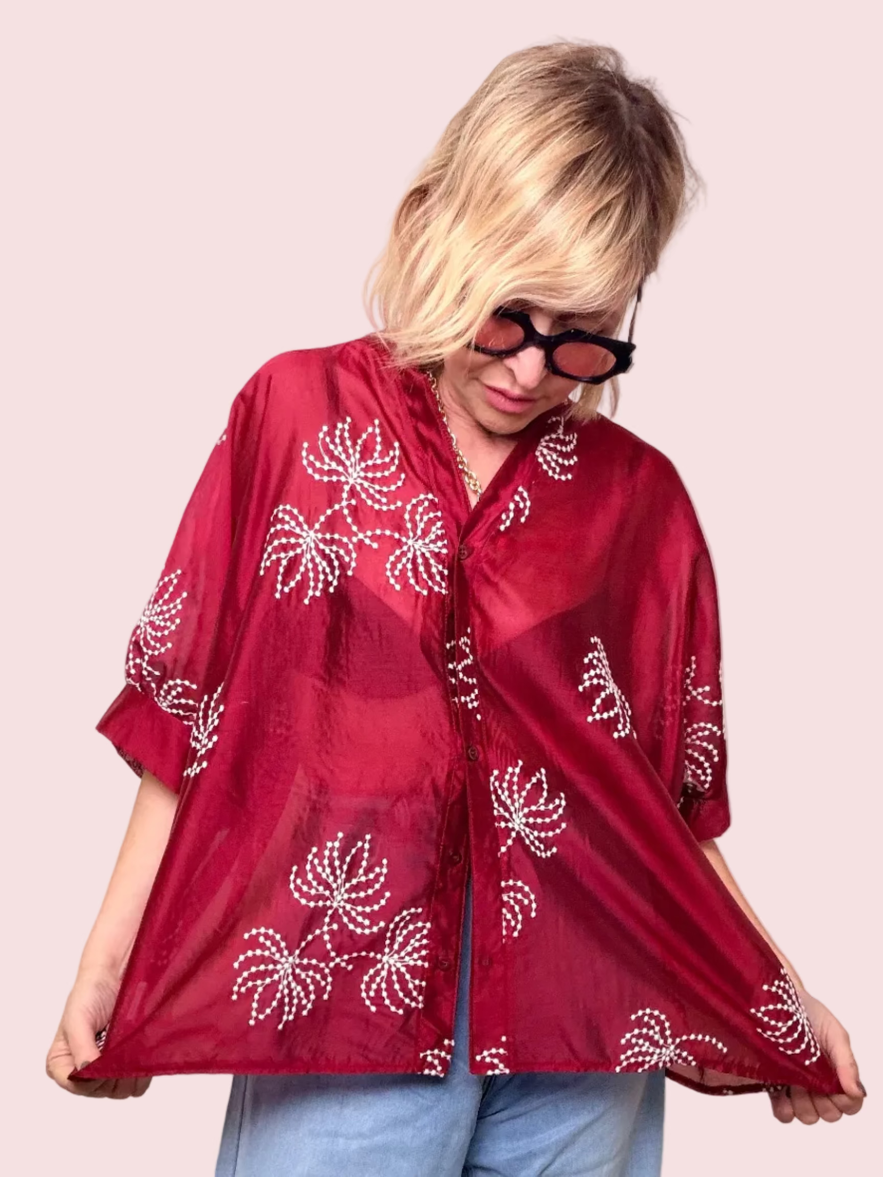 Camicia Over Mussola Bordeaux con Ricami Floreali