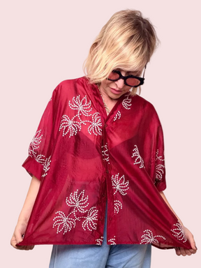 Camicia Over Mussola Bordeaux con Ricami Floreali