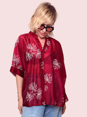 Camicia Over Mussola Bordeaux con Ricami Floreali