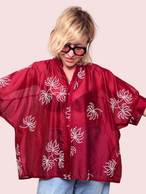 Camicia Over Mussola Bordeaux con Ricami Floreali