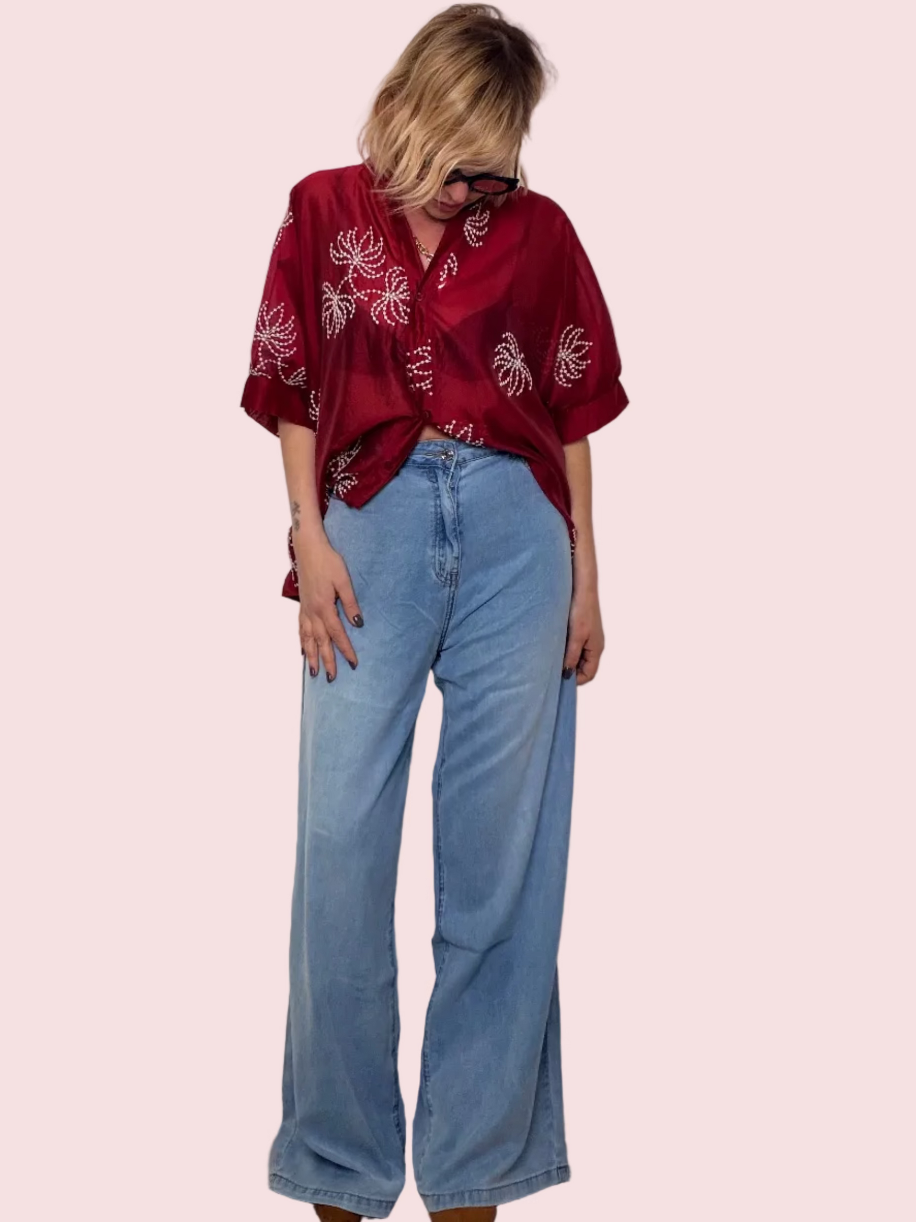 Jeans Wide Leg Lavaggio Chiaro Vita Alta