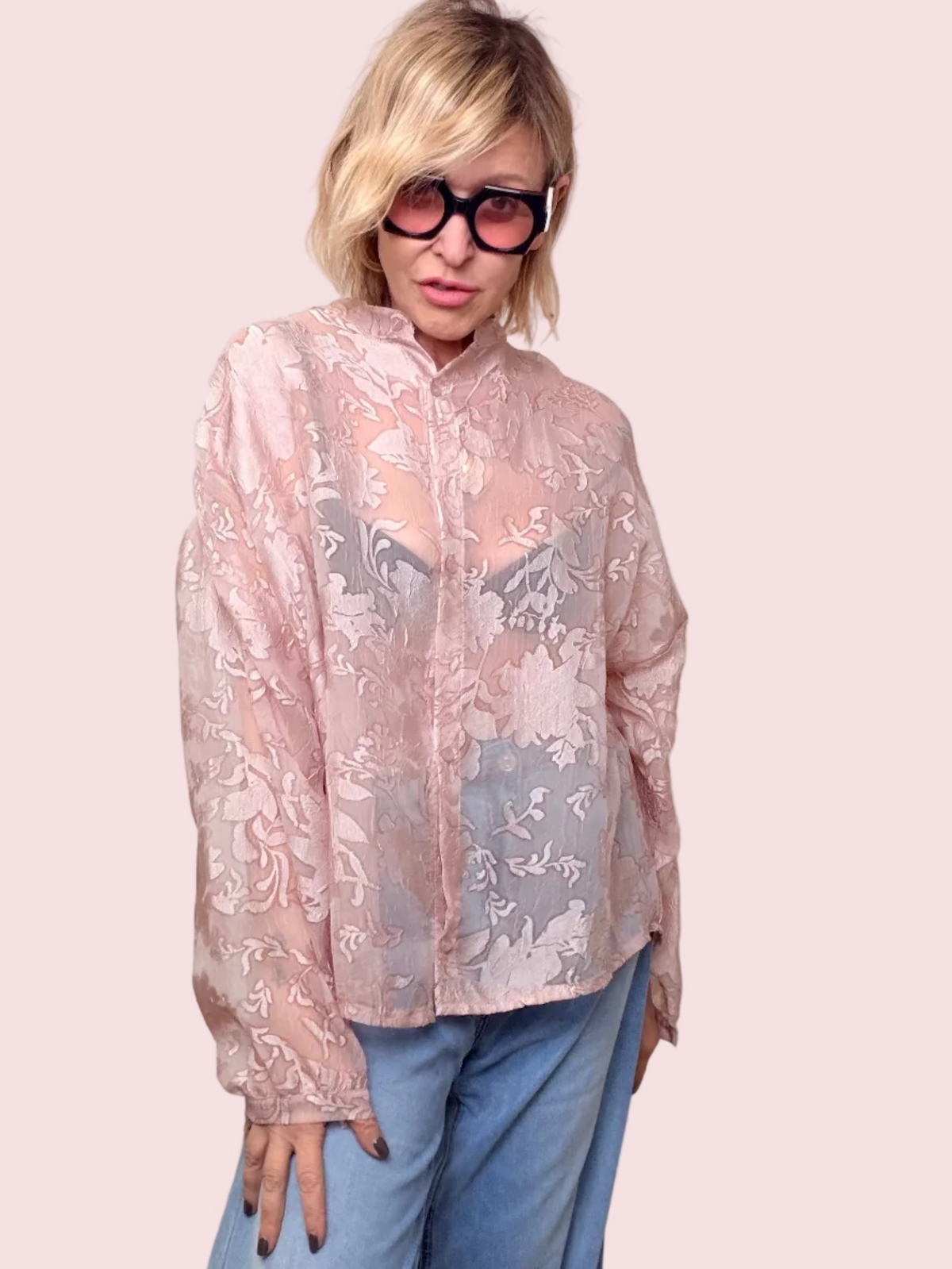 Camicia Over Jacquard Floreale Rosa Cipria