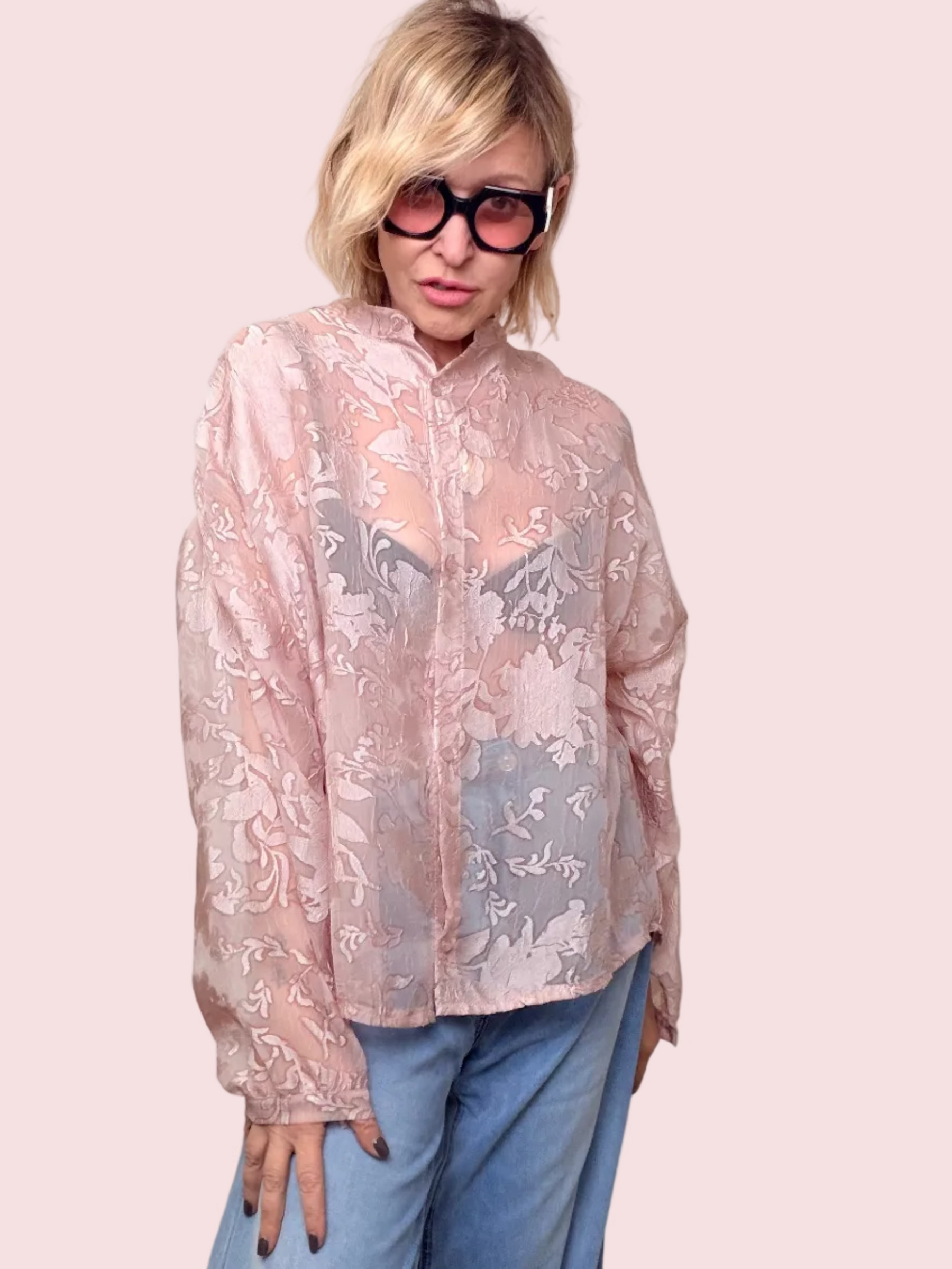 Camicia Over Jacquard Floreale Rosa Cipria