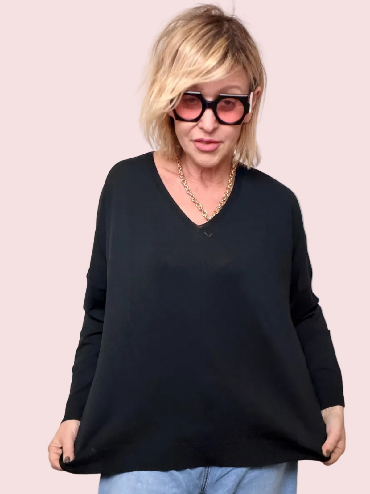 Maglia Filo Over Nera Scollo a V