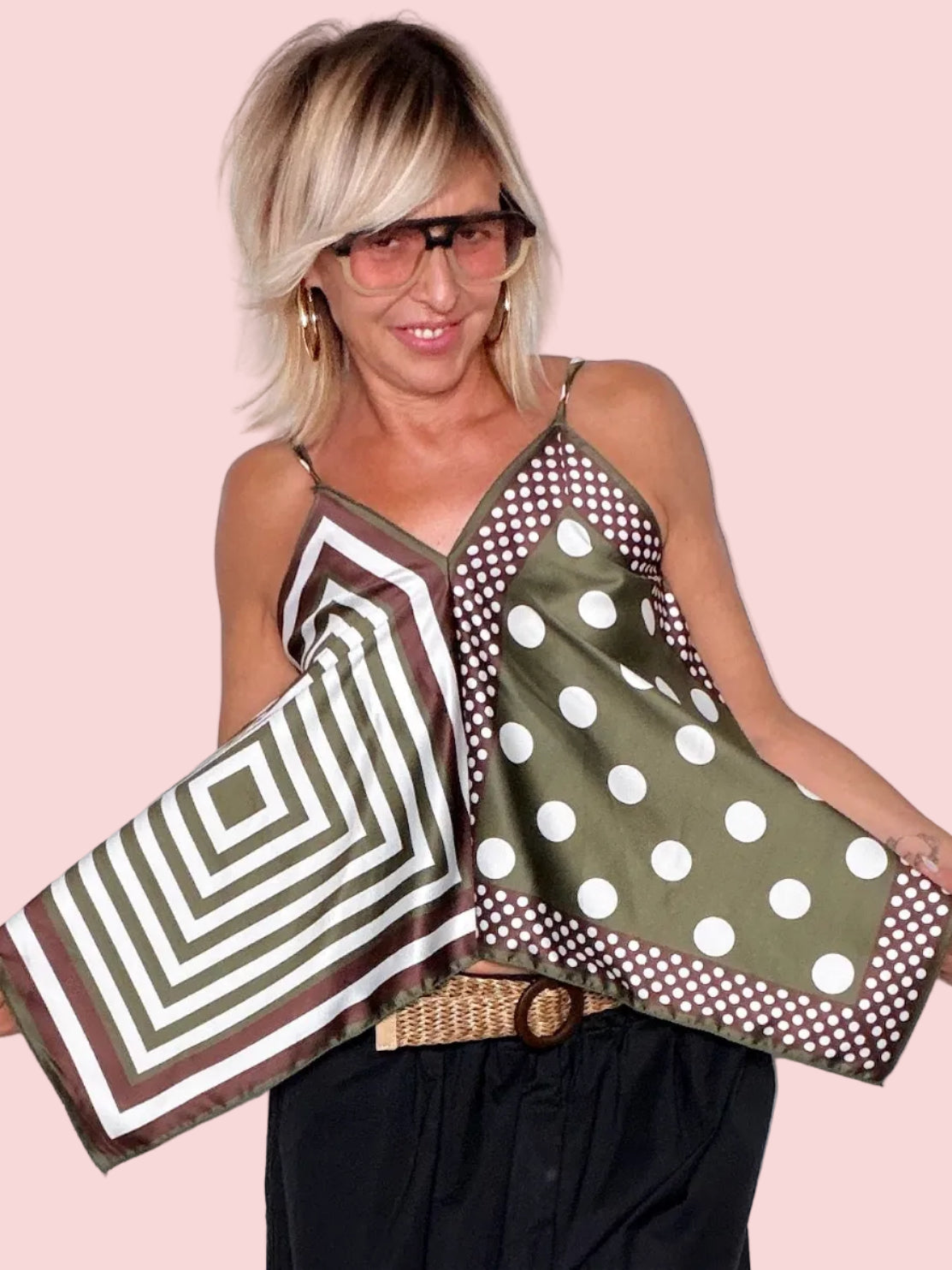 Top patchwork foulard marrone panna - frontale