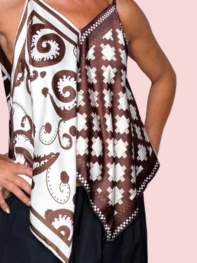 Top patchwork foulard marrone panna - dettaglio