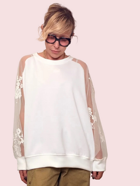 Felpa Bianca Maniche Tulle e Ricamo Floreale
