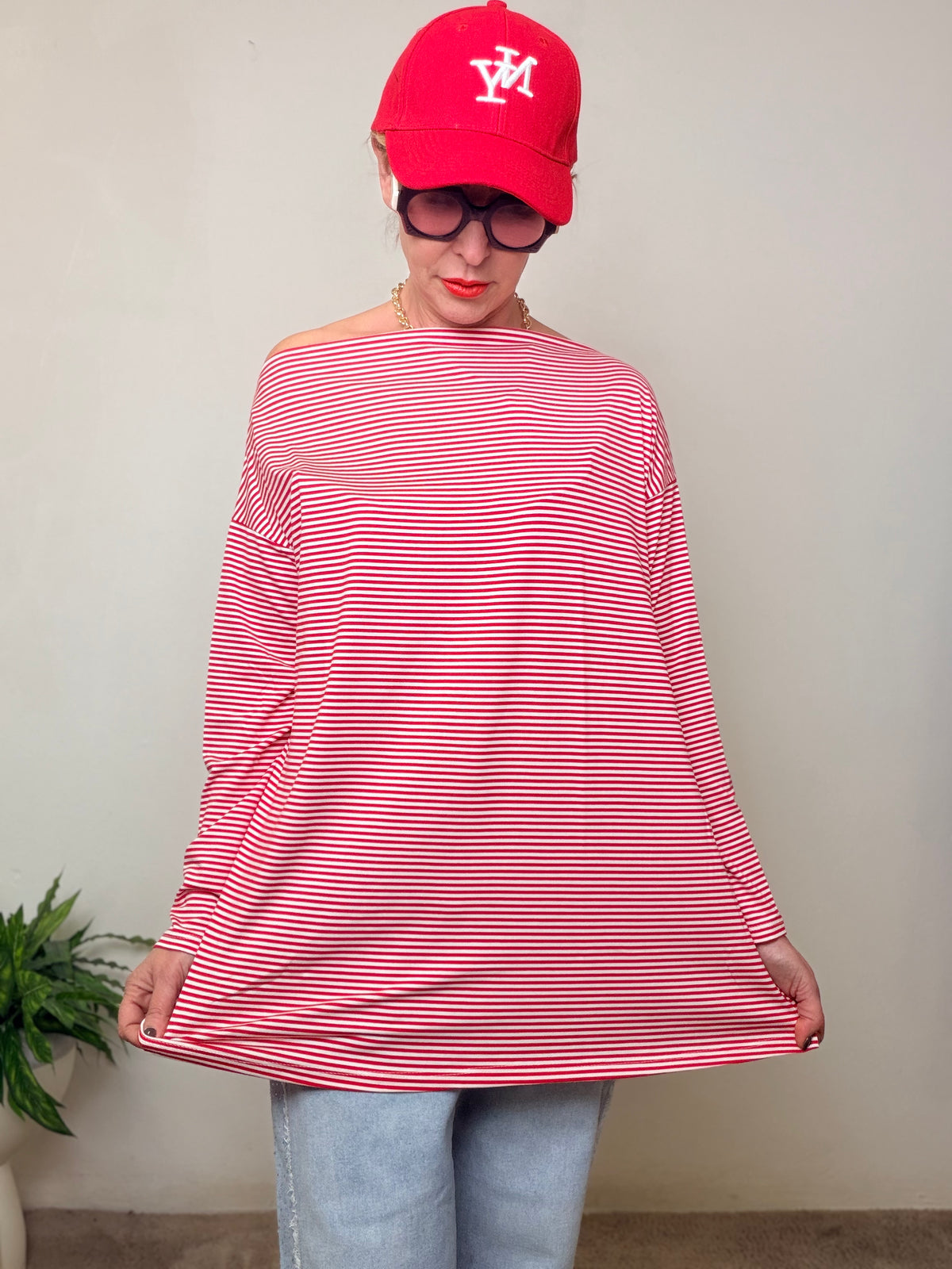 Maglia Oversize a Righe Marinière con Scollo a Barca