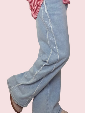 Jeans Wide Leg con Banda Laterale Strass