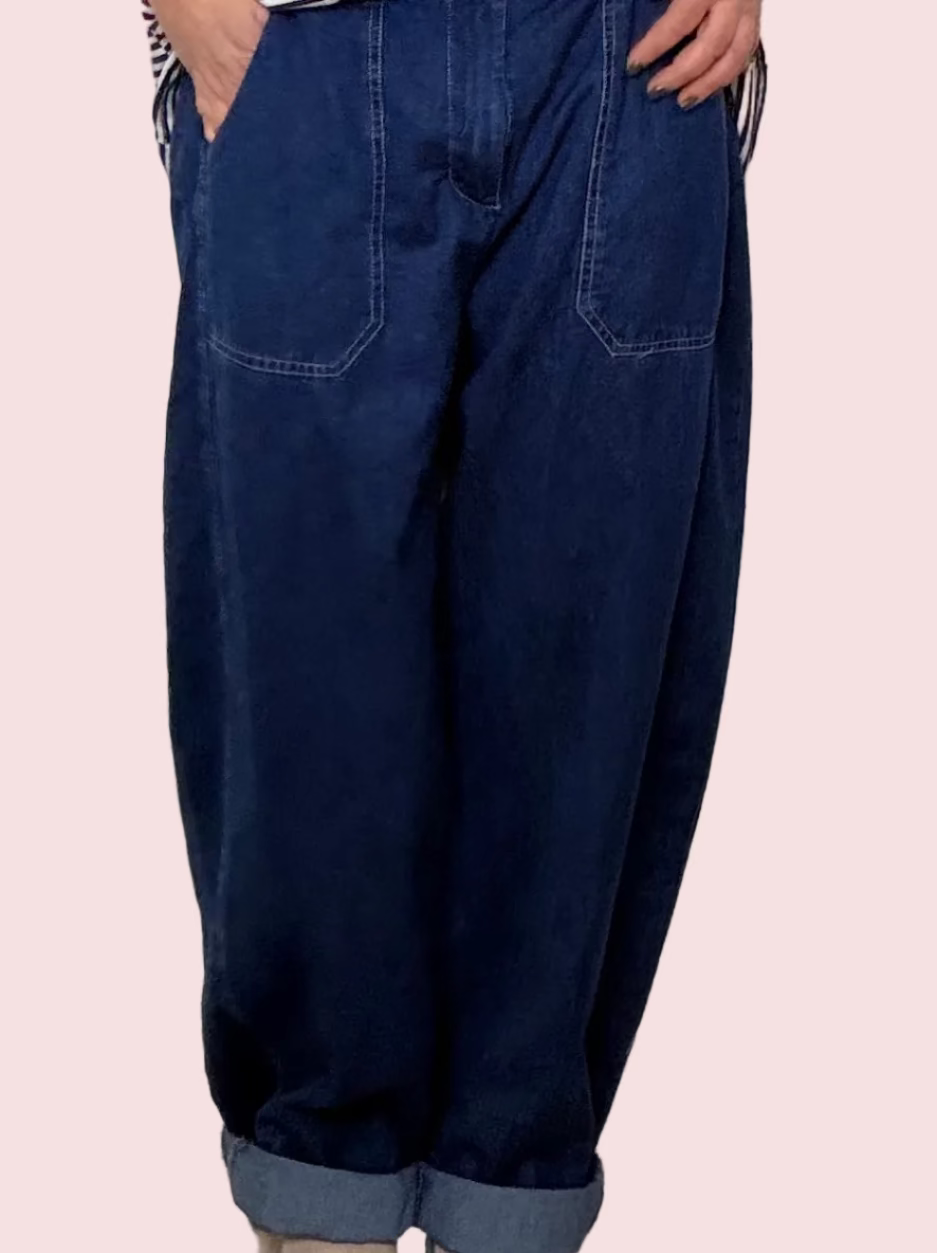 Jeans Balloon Denim Scuro – Tasche Patch e Risvolto