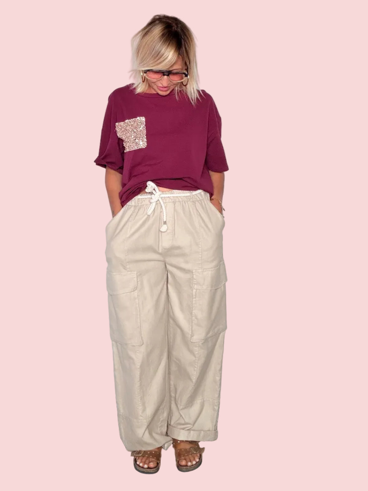 Pantaloni Cargo Verde Militare con Cintura a Corda