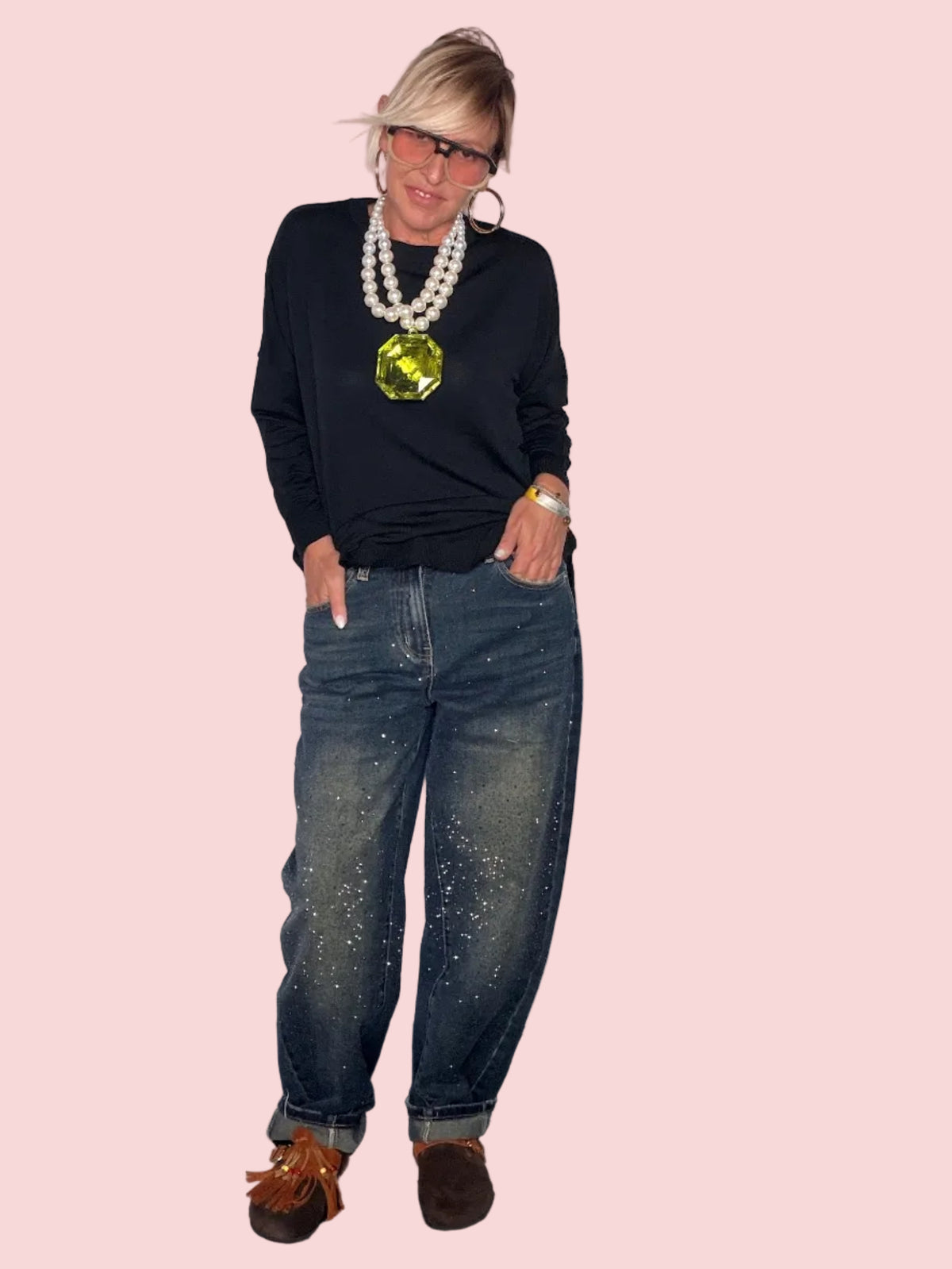 Jeans Boyfriend con Glitter e Strass Denim Medio