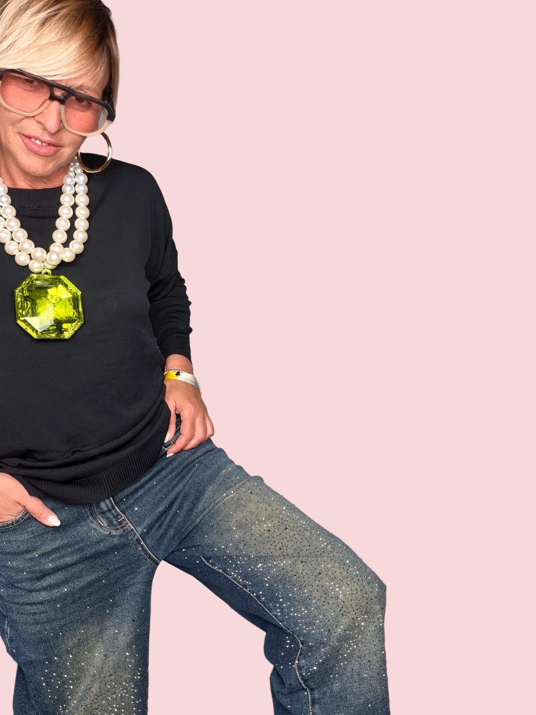 Jeans Boyfriend con Glitter e Strass Denim Medio