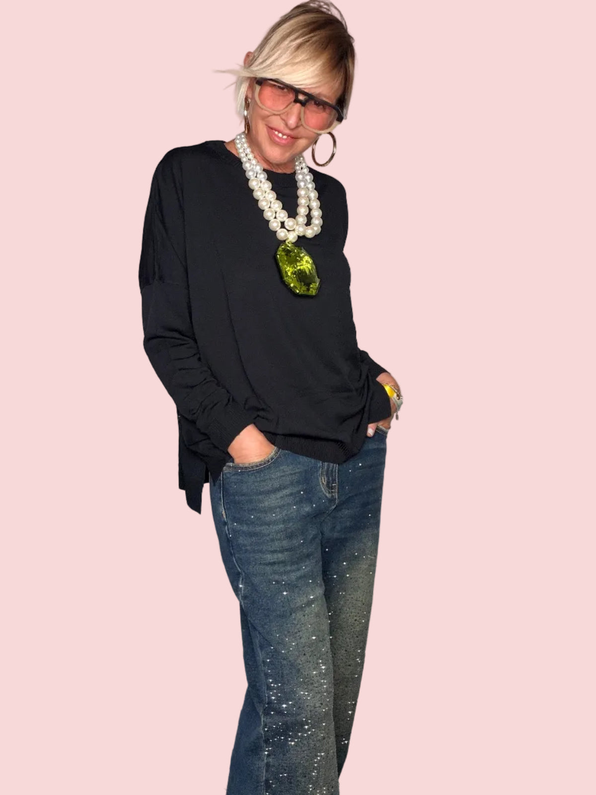 Jeans Boyfriend con Glitter e Strass Denim Medio