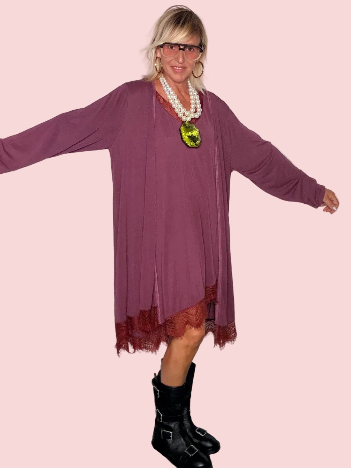 Cardigan Lungo Modal Tinto Capo con Pizzo