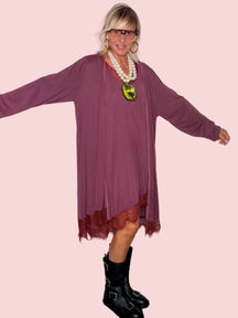 Cardigan Lungo Modal Tinto Capo con Pizzo