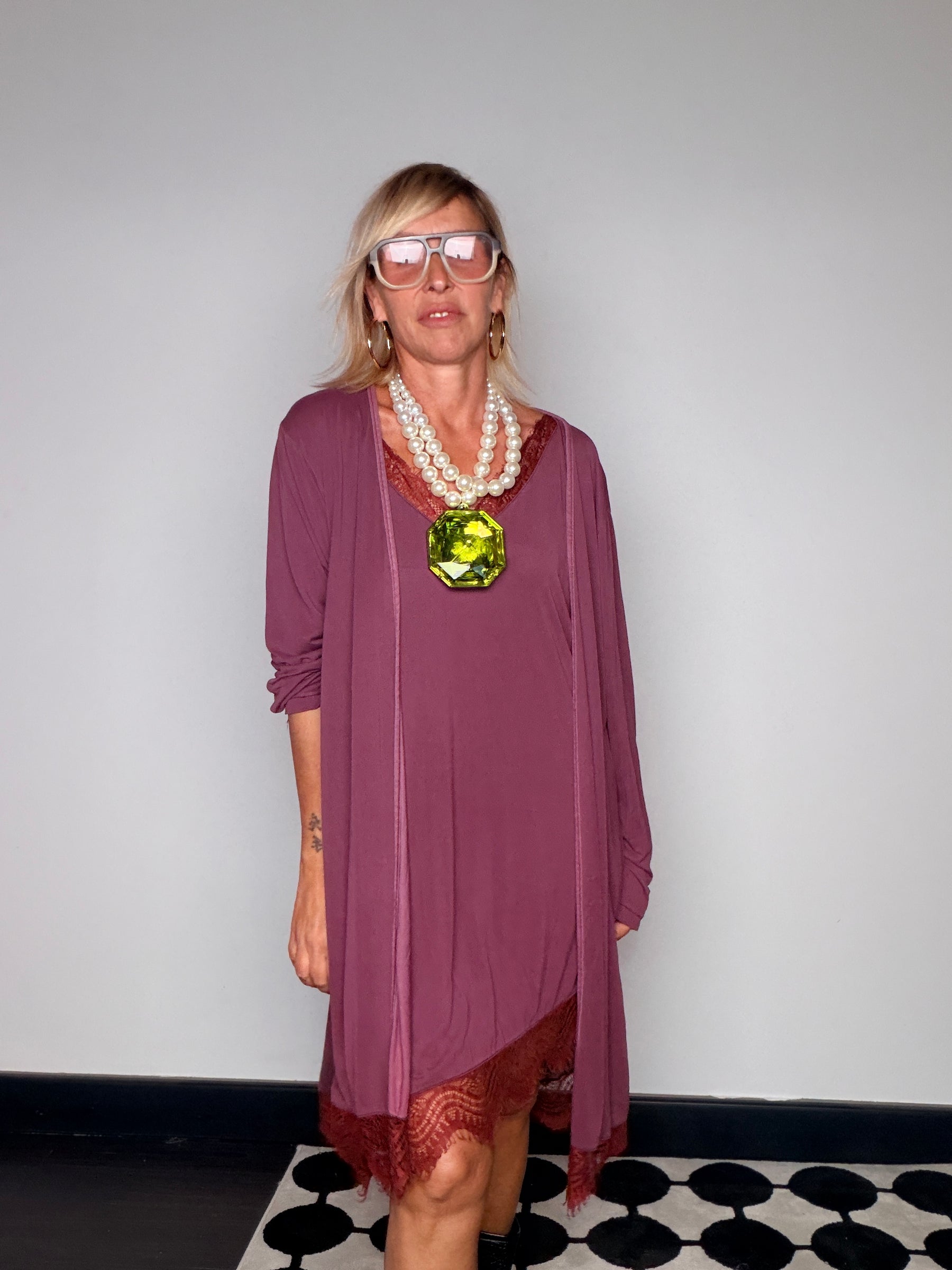 Cardigan Lungo Modal Tinto Capo con Pizzo