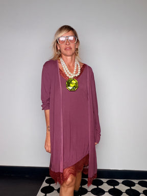 Cardigan Lungo Modal Tinto Capo con Pizzo
