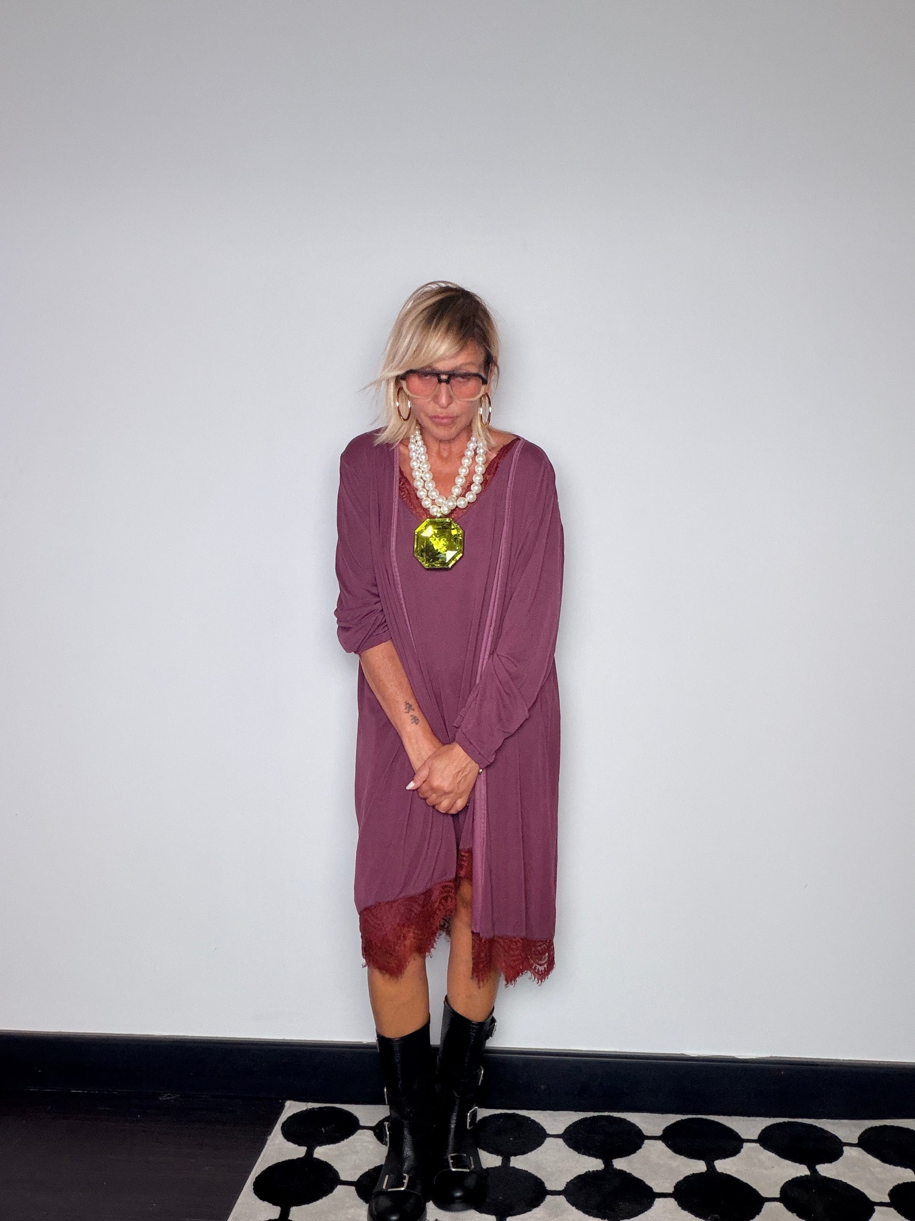 Cardigan Lungo Modal Tinto Capo con Pizzo