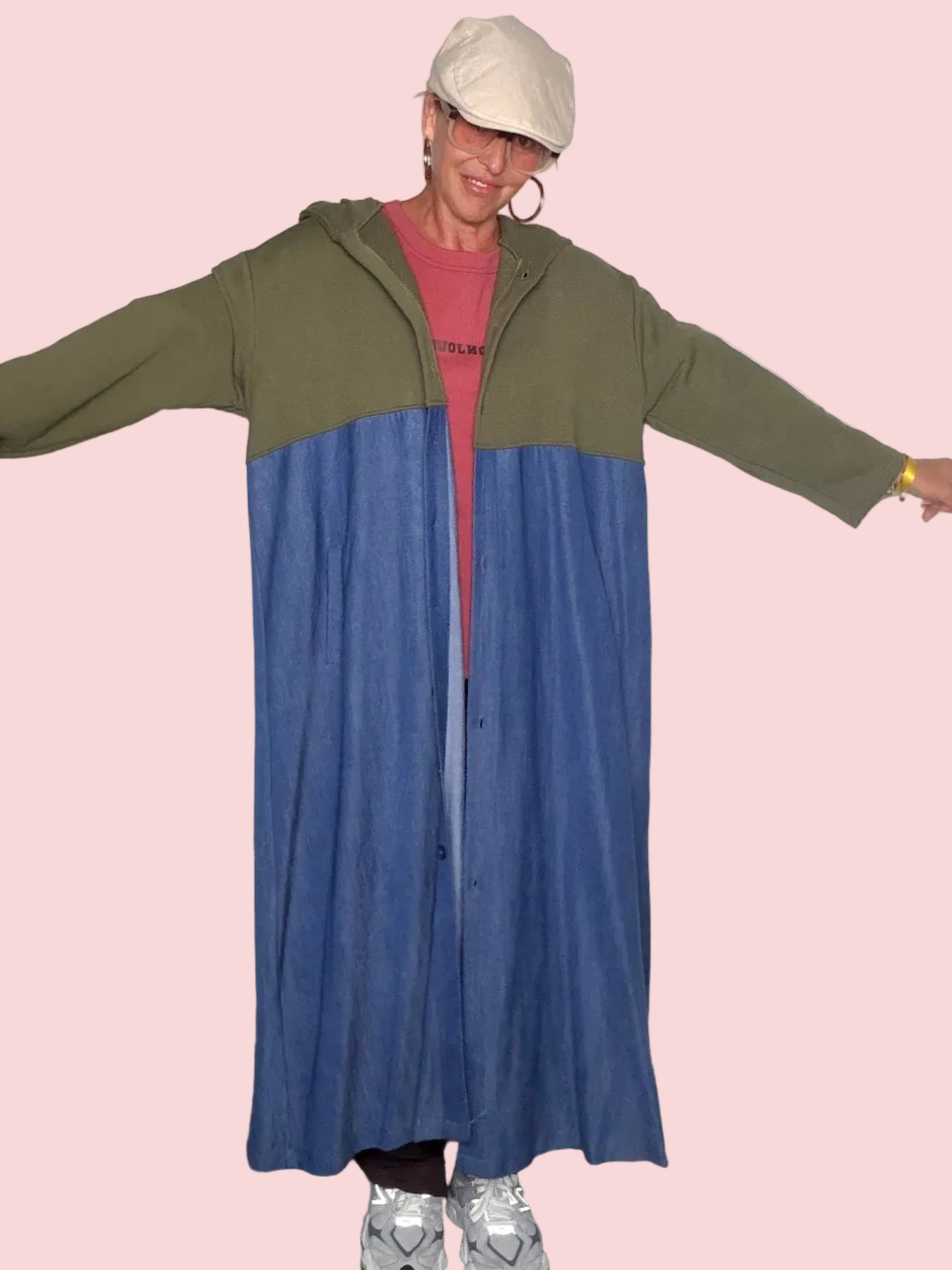 Giacca Abito Maxi Bicolor Felpa e Denim con Cappuccio