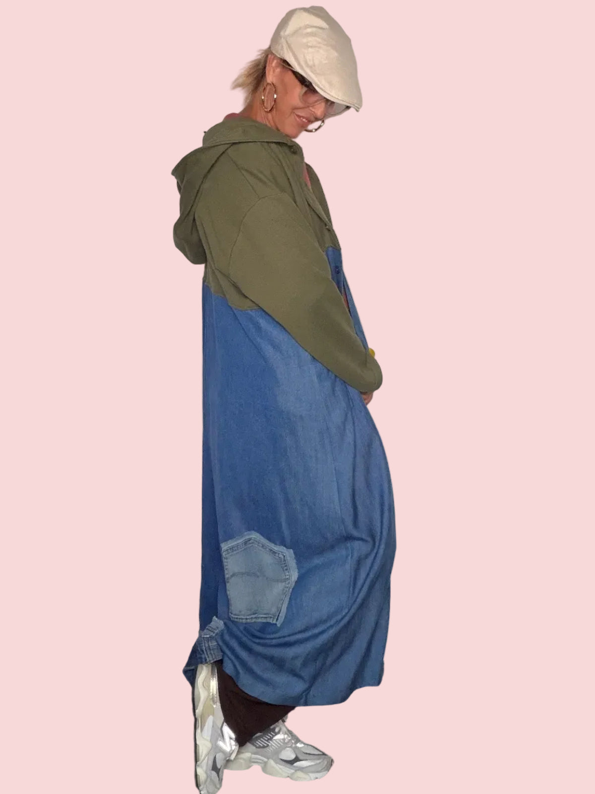 Giacca Abito Maxi Bicolor Felpa e Denim con Cappuccio