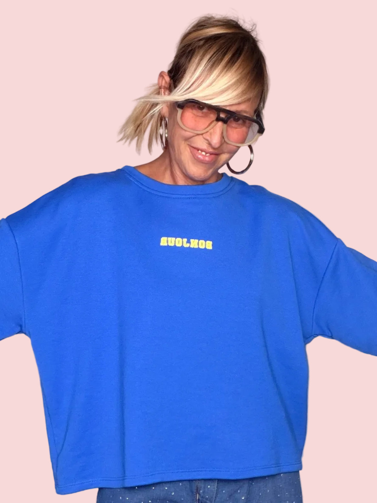 Felpa Crop Oversize Stampa College BONJOUR