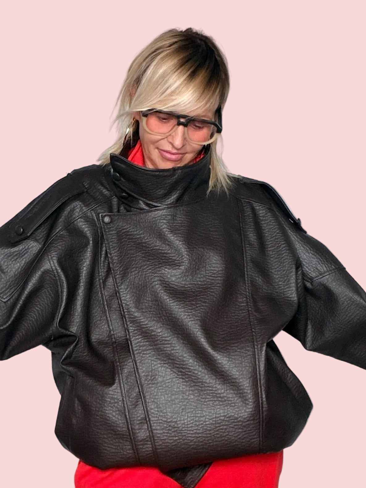 Giacca Biker Oversize in Ecopelle Marrone Effetto Vintage (Copia)
