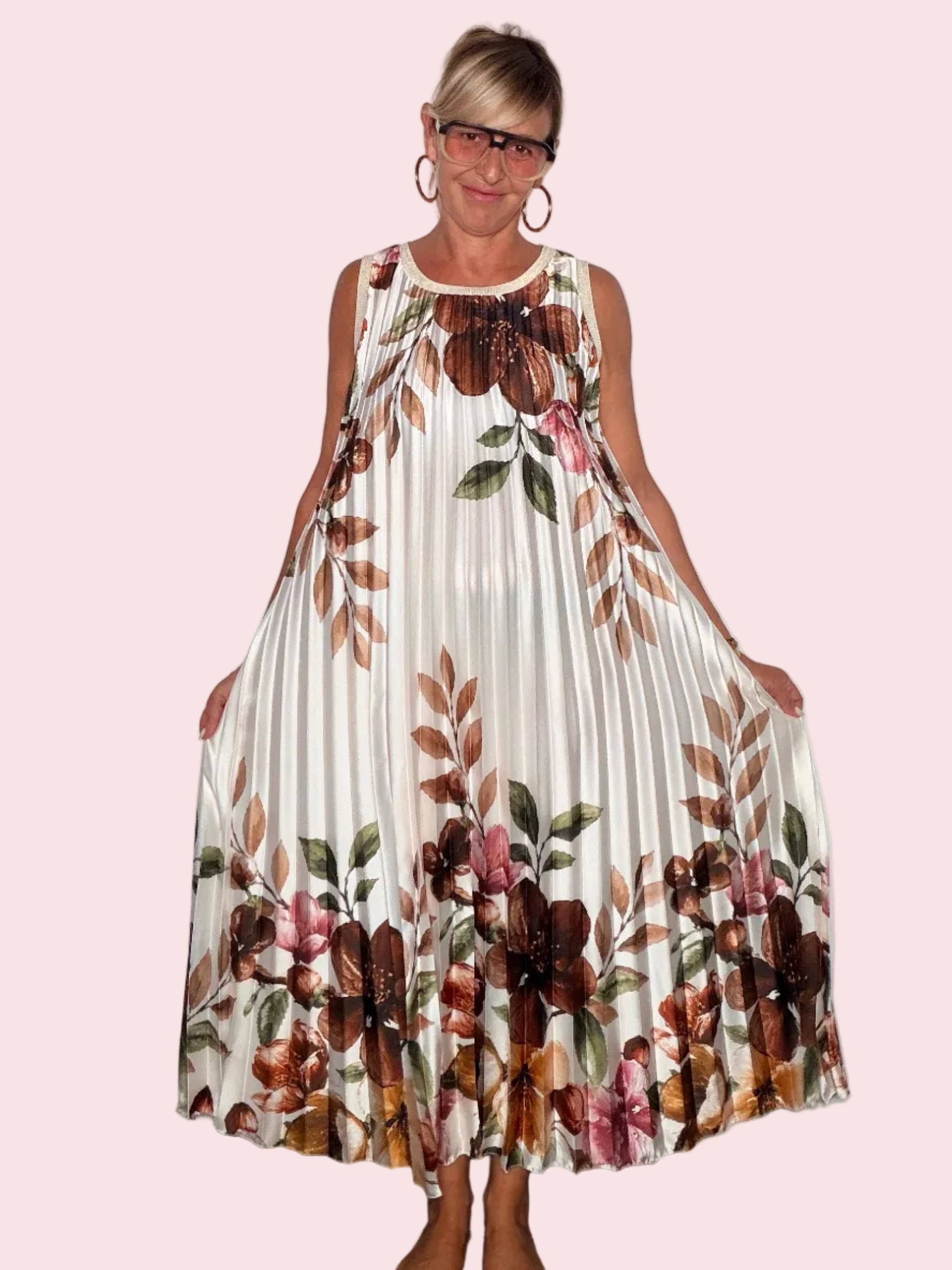 Abito Midi Plissé a Stampa Floreale con Bordo Decorativo