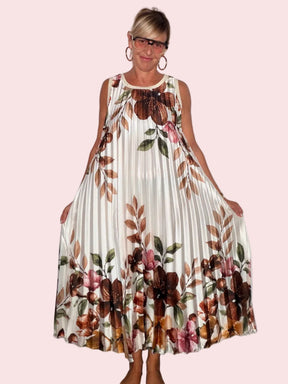 Abito Midi Plissé a Stampa Floreale con Bordo Decorativo