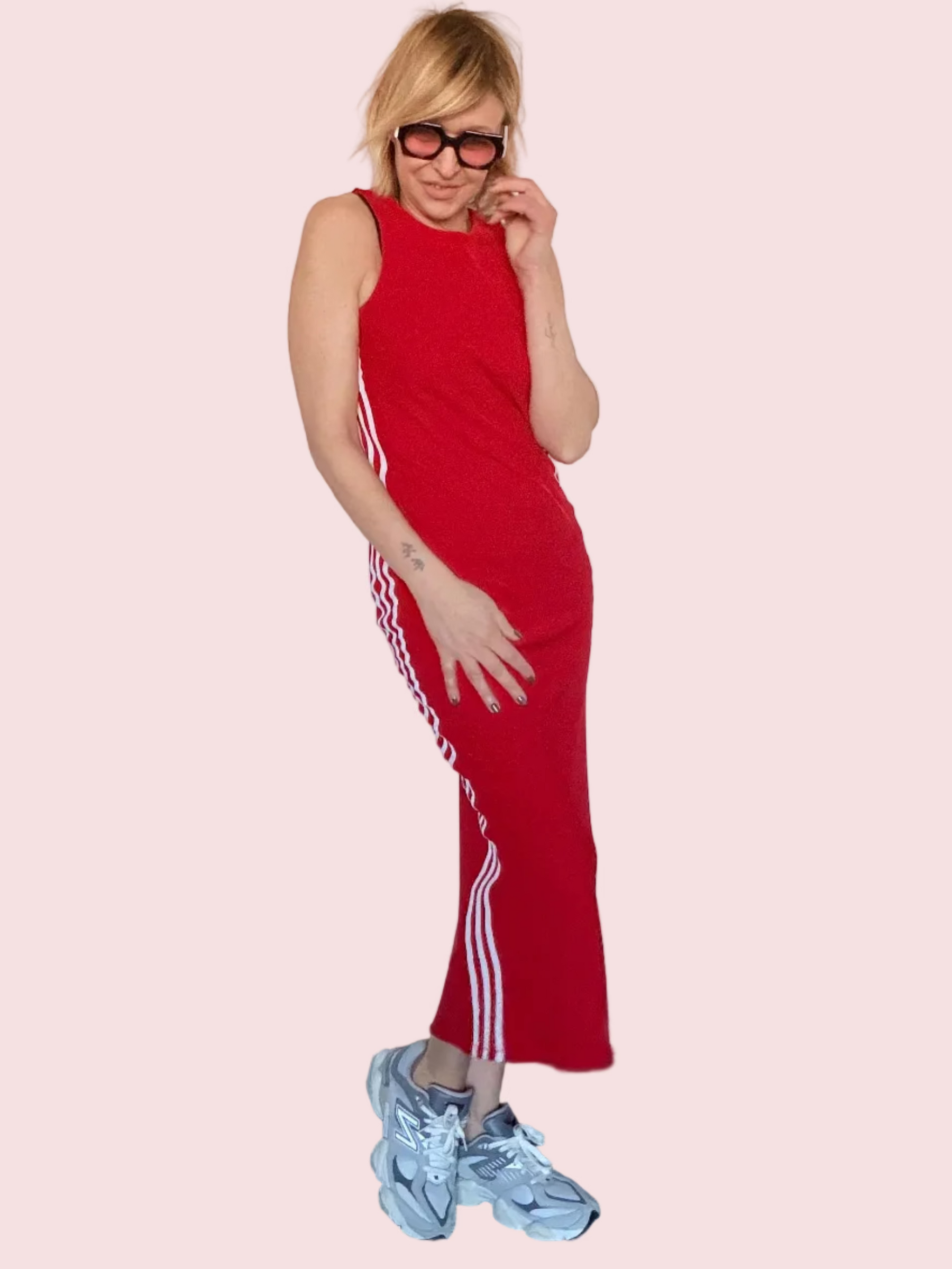 Abito Maxi Rosso con Bande Laterali