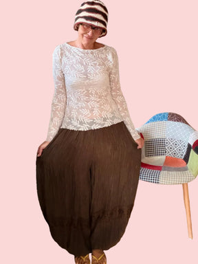 Pantalone Harem in Plissé con Lurex – Bordo in Pizzo