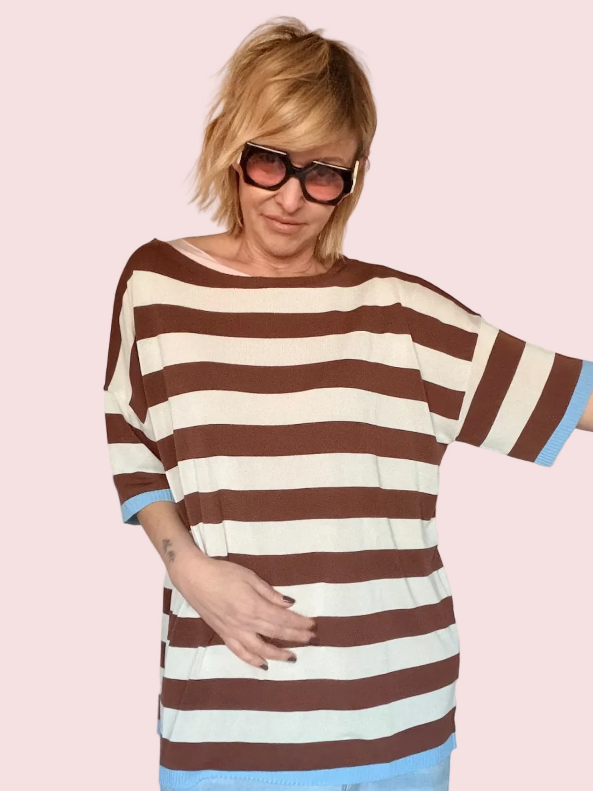 T-Shirt Over a Righe Bicolor con Risvolto