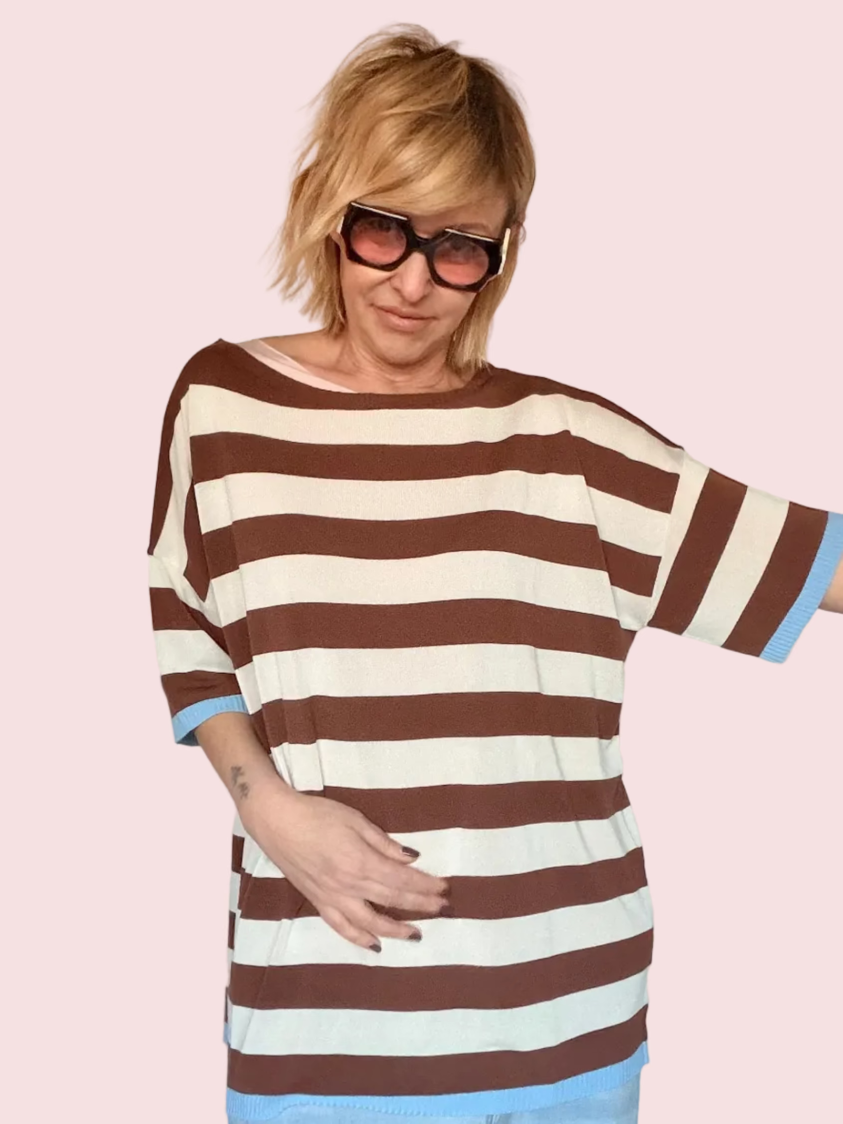 T-Shirt Over a Righe Bicolor con Risvolto