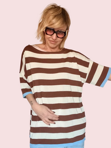 T-Shirt Over a Righe Bicolor con Risvolto