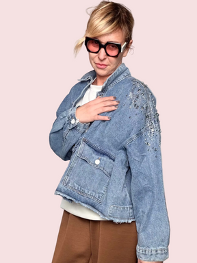 Giacca Jeans Oversize con Borchie e Zirconi