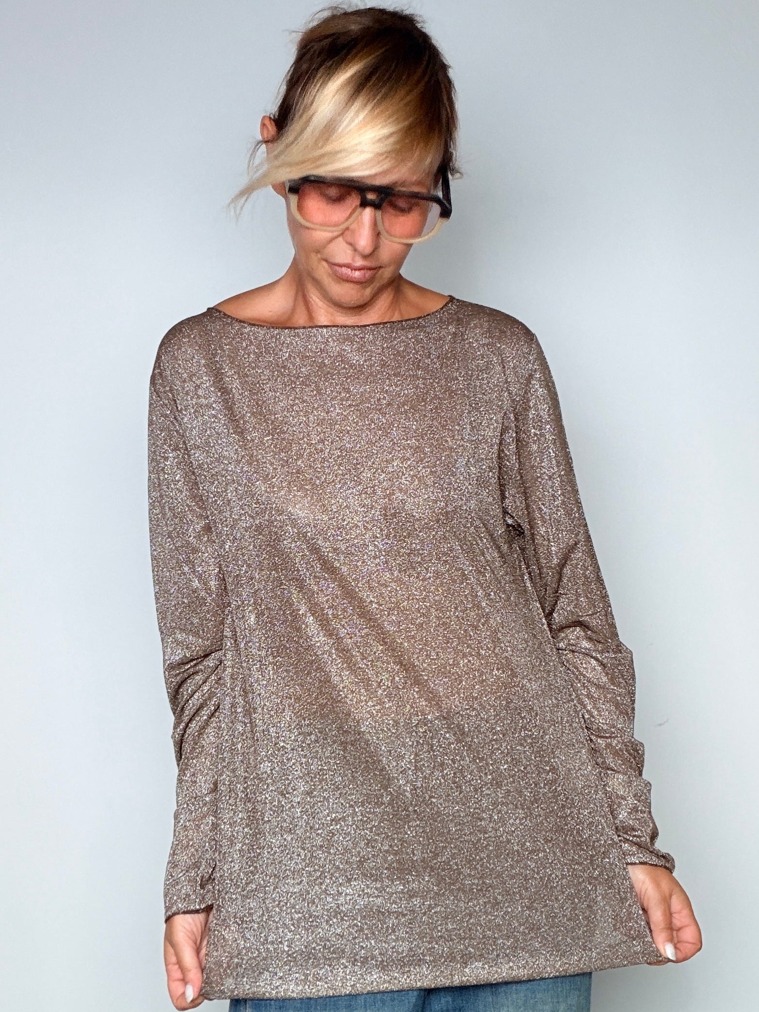 Maglia Oversize Lurex con Scollo Barca – Rosa Cipria / Bronzo