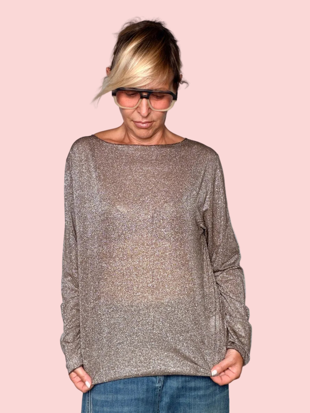 Maglia Oversize Lurex con Scollo Barca – Rosa Cipria / Bronzo