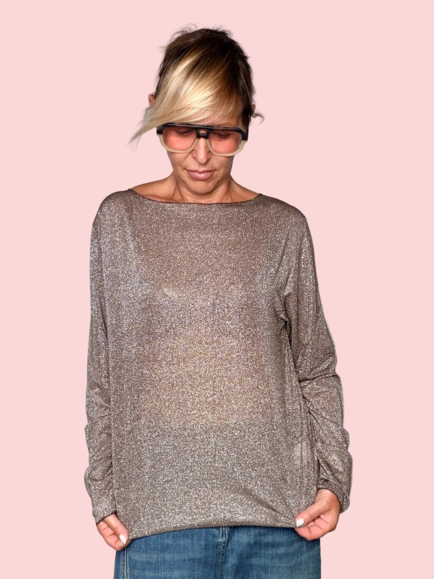 Maglia Oversize Lurex con Scollo Barca – Rosa Cipria / Bronzo