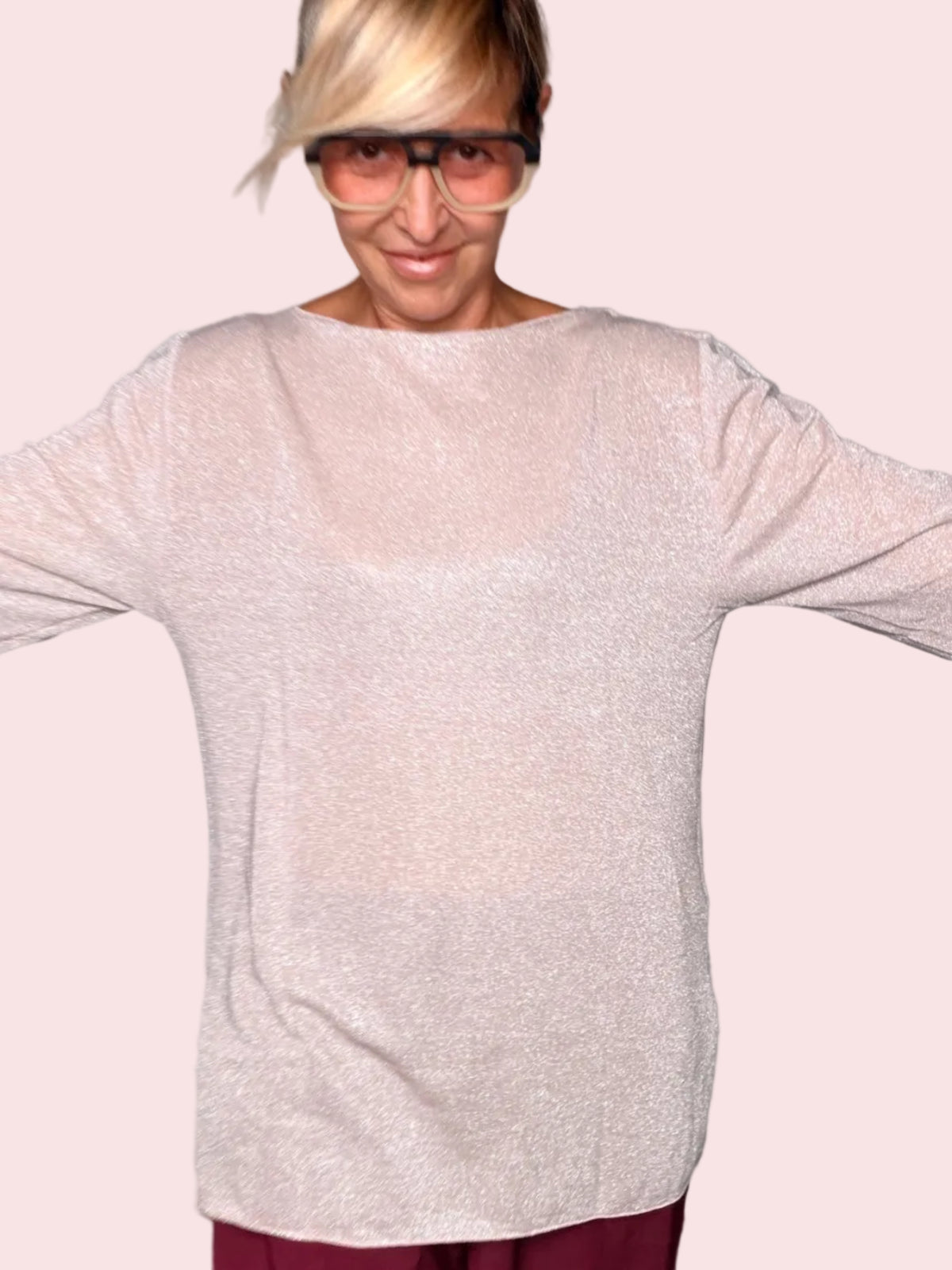 Maglia Oversize Lurex con Scollo Barca – Rosa Cipria / Bronzo
