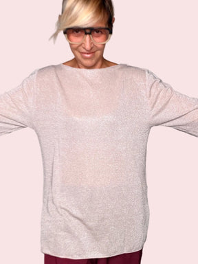 Maglia Oversize Lurex con Scollo Barca – Rosa Cipria / Bronzo