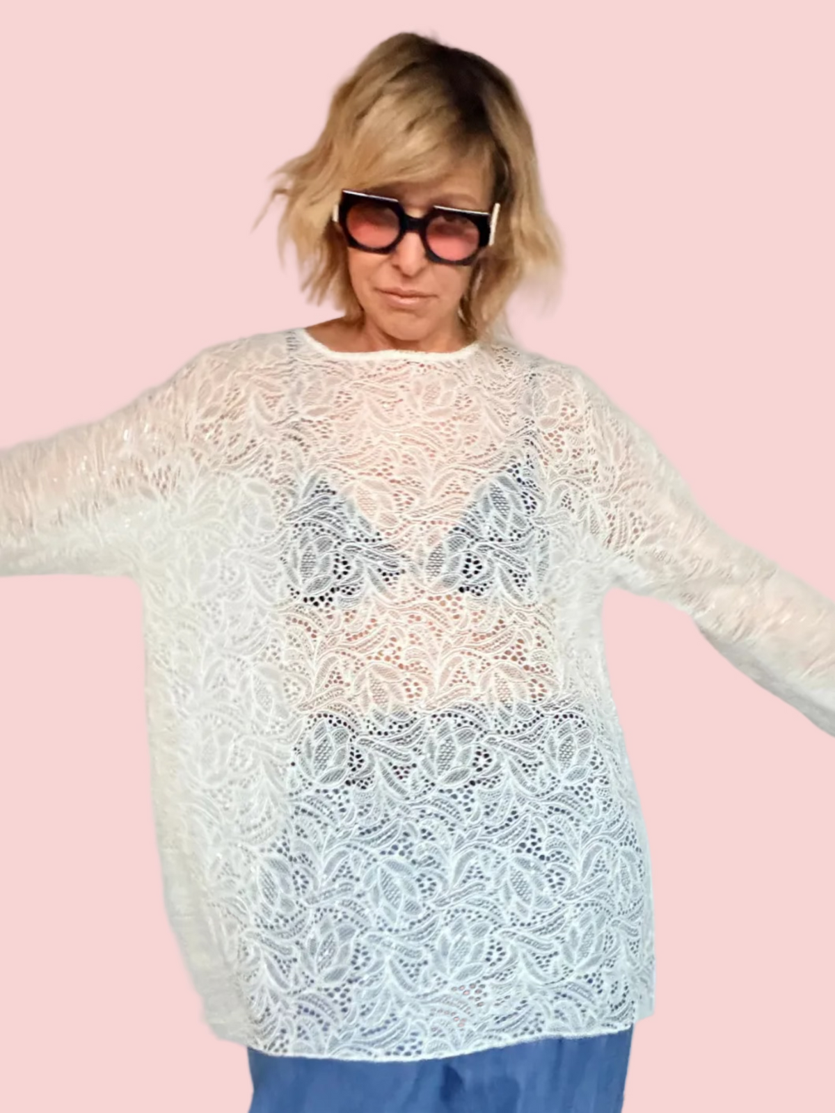 Maglia Tunica in Pizzo con Paillettes — Off White